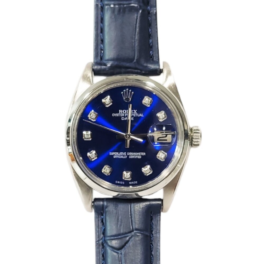 Rolex Unisex 34mm Date 1500 blue diamond on leather strap